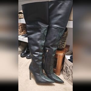 Good American Black and Green Over the Knee Boots